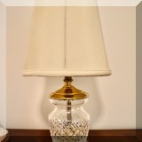 D023. Small crystal and brass lamp. Shade is ripped on inside. 12.5” - $38 